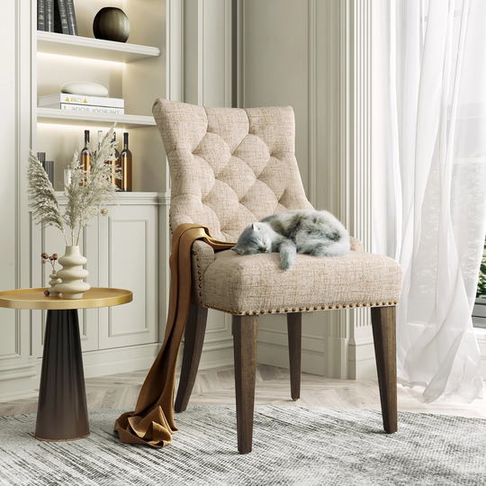 Mid-Century Dining Chair with Armrest, Nailhead Trim Accent Chair Linen Upholstery Chairs, Set of 2