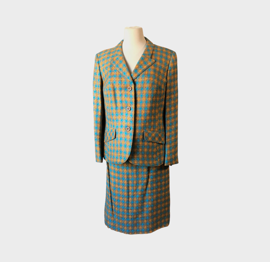 Vintage 50S 60S Teal & Orange Houndstooth Tweed Skirt Suit By Ralph, Fully Lined Blazer Pencil Skirt, 38 Inch Bust, 26 Waist