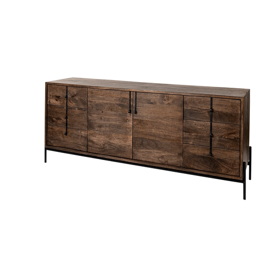 Glenn VI Brown Solid Wood Frame w/ Black Iron Accent - 6 Drawer & 2 Cabinet Sideboard - 71.5L x 18.0W x 30.0H