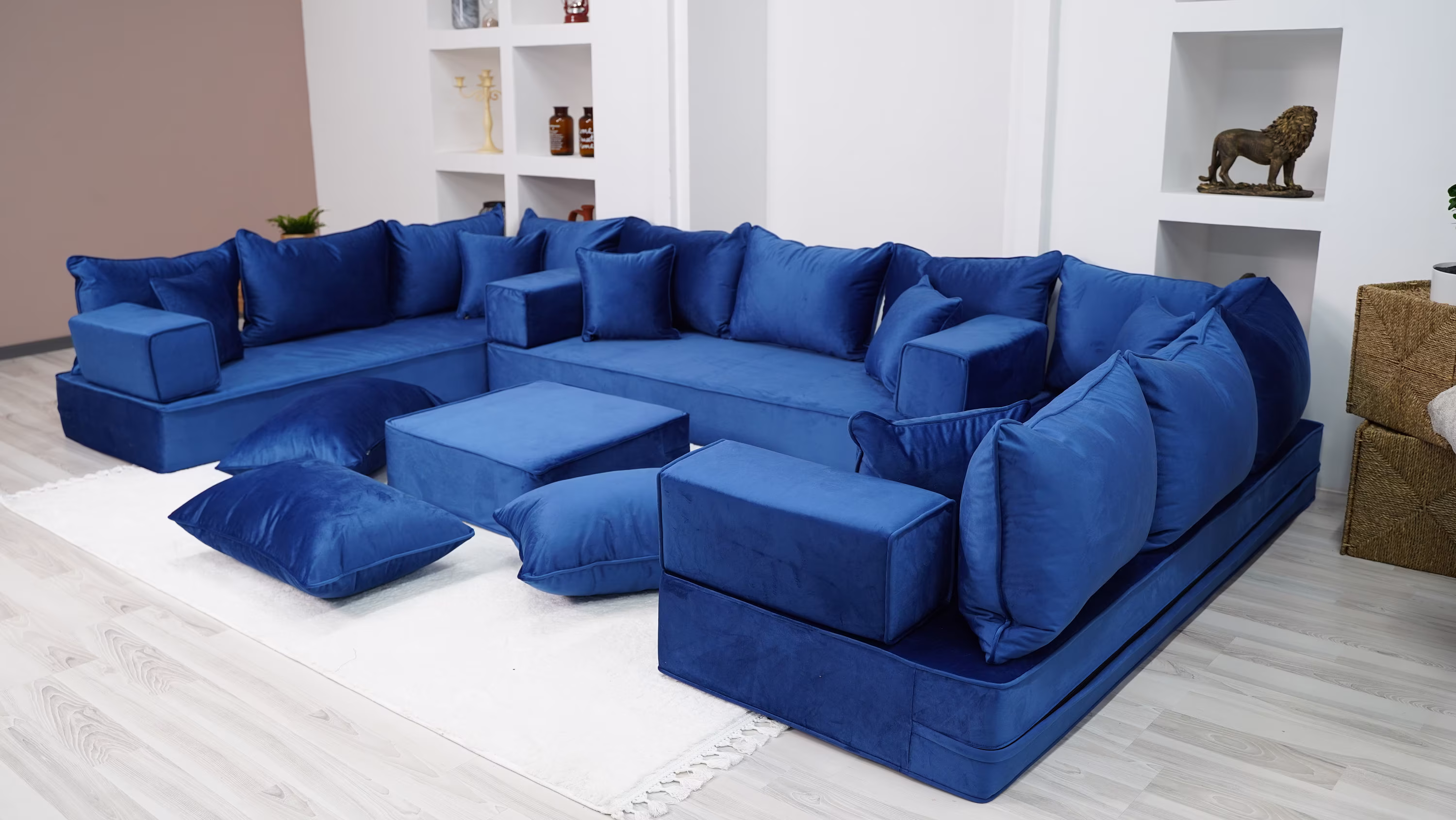 8" Thickness Velvet Royal Blue U Shaped Floor Seating Sofas, Luxury Velvet Moroccan Home Decor Livingroom Arabic Sofa