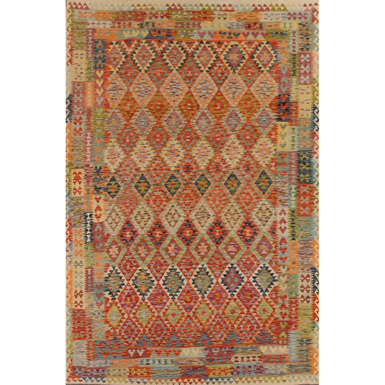 Multi-Color Geometric Kilim Rug Flat-weave Wool Carpet - 9'8"x 12'9"