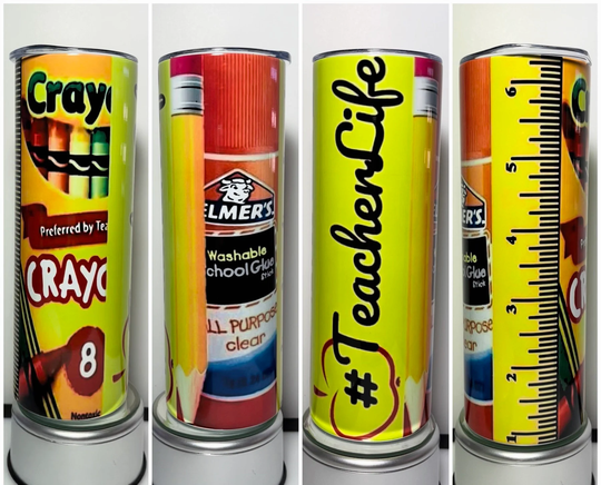 Teacher Life Cup Crayons Pencil Glue Ruler 20 30Oz Sliding Lid Flip-Top with Handle Skinny Tumbler Water Bottle Double Wall Insulated Ss
