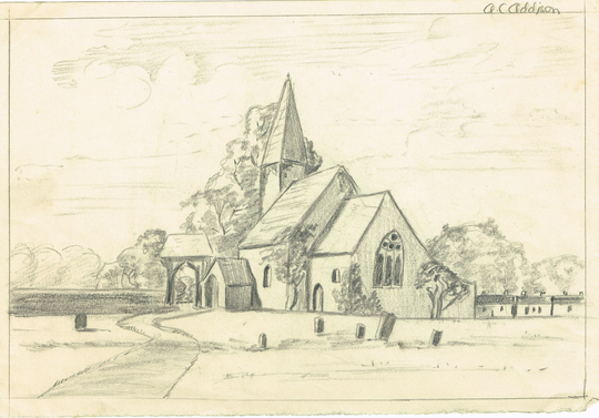 Vintage Antique Original 1970S Unframed Pencil, Sketch Drawing Of Church By A C Addison
