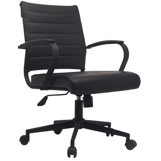 2xhome Black Office Chairs Mid Back Ribbed PU Leather Task Work Conference With Arms Wheels Tilt Swivel Rolling on Black Base