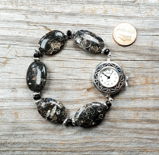 Fossil Turritella Agate & Onyx Gemstone Stretchy Watch Bracelet, Very Durable Stretchy Band, Multiple Sizes Available