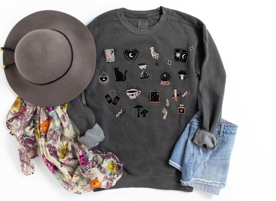 Comfort Colors Witchy Things Sweatshirt, Oversized Sweatshirt For Women, Celestial Boho Fall Crystals Coven Gift, Tarot Gift
