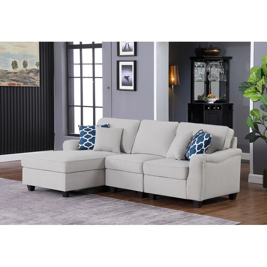 3 Piece Linen Sectional Sofa with Chaise in Light Gray