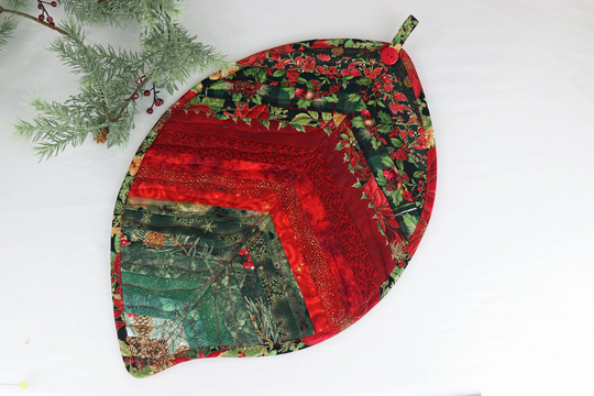 Table Topper Quilted Leaf, Red/Green/Black Leaf Design, Premium Fabrics, Heat/Moisture Resistant Inner Liner, Placemat, Potholder, Loop