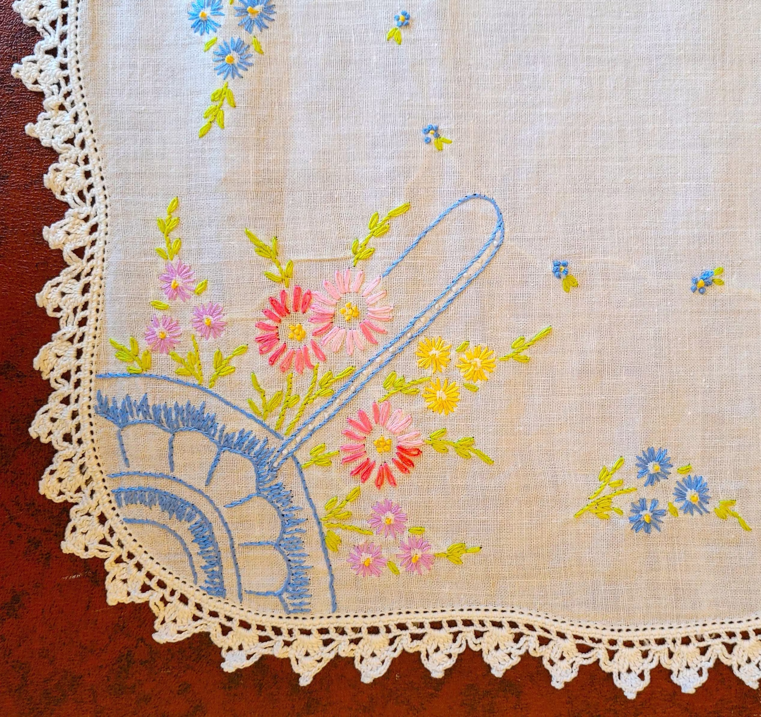 Flower Baskets Table Runner Or Bureau Scarf, Hand Embroidered Pastels On White Linen With Crocheted Trim, 39" X 17.5" Excellent Vintage Cond
