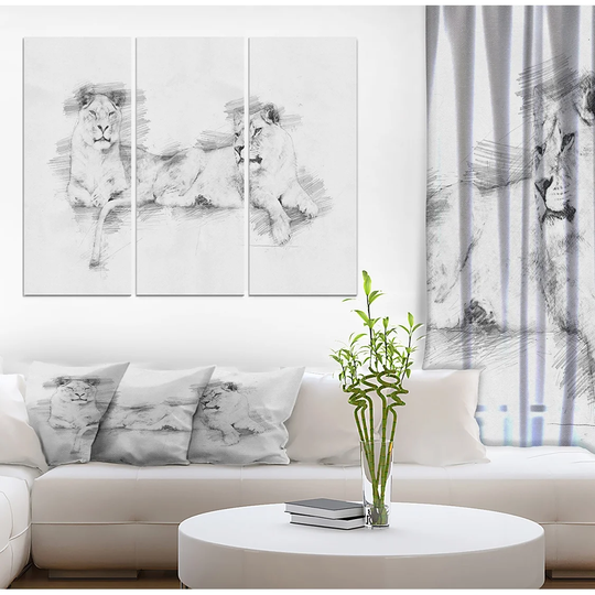 Designart 'Black and White Lion Pencil in Pencil Sketch' Animals Print on Wrapped Canvas set - 36x28 - 3 Panels