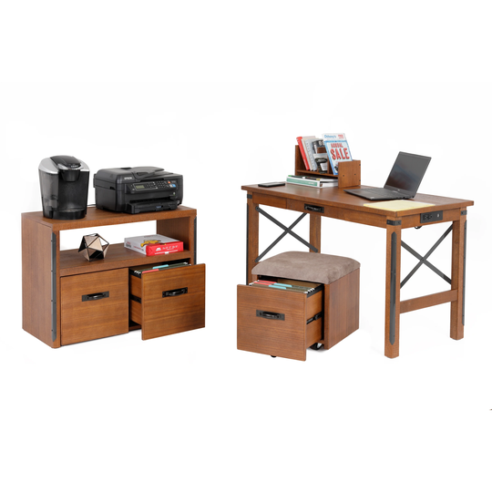 OS Home Combination of Desk with USB Ports, Roll About File with Cushioned Seat, and Machine Stand with Files