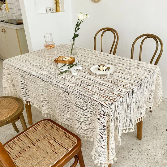Farmhouse Crochet Lace Table Cover With Tassels | Rectangular Knitted Tablecloth Beige Cotton For Wedding