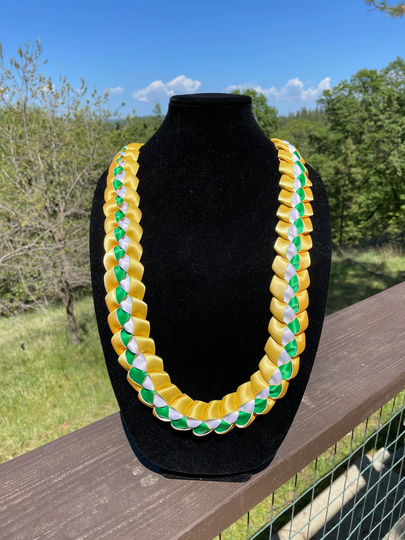 44" Custom Three Color Braided Ribbon Lei White Accent Center - You Choose Two | Graduation, Birthday, Special Occasion