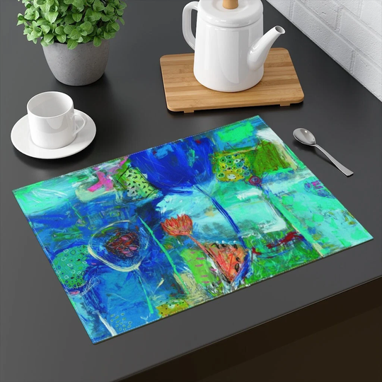 Abstract Placemats Set, Printed Table Placemats, Dining Mats, Blue Art Unique Colorful Artist