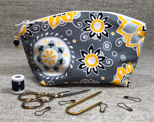 Yellow & Gray Floral Knitting Crocheting Notions Bag