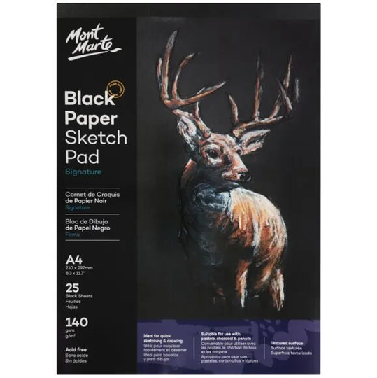 Black Paper Sketch Pad 25 Sheet 140Gsm A4, Mont Marte Oil Pastel, Colored Pencil, Charcoal Pap0019