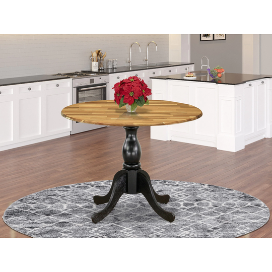 DST-NBK-TP - Round Dinning Table with Drop Leaves - Natural Table Top and Black Pedestal Leg Finish - Multi