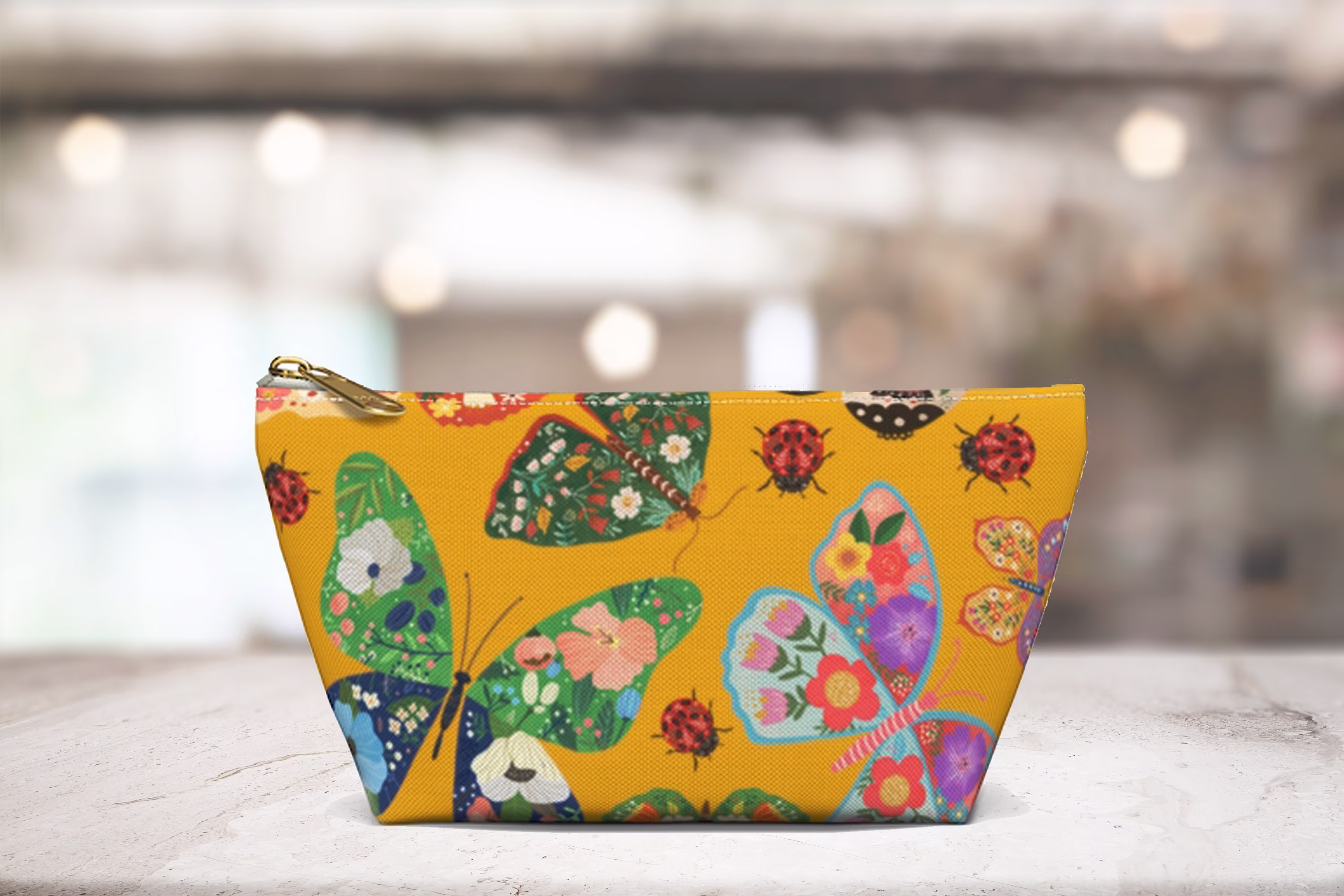 Folk Art Butterfly Make Up Bag - Moth & Ladybug Pencil Case Nature Cottage Core Accessory Pouch Travel Gift