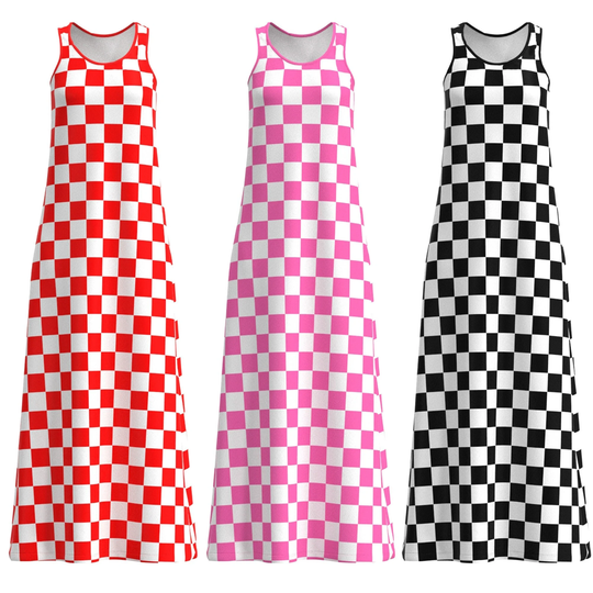 Checker Box Check Geometric Pattern Design Black Red Pink White Sleeveless Modest Long Maxi Dress