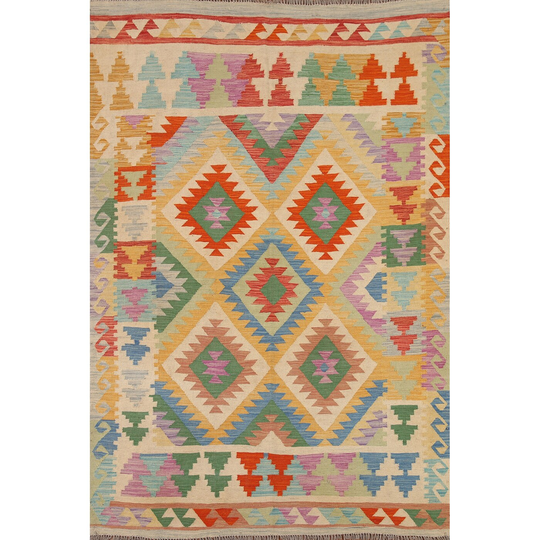 Geometric Kilim Oriental Area Rug Hand-woven Multi-Color Wool Carpet - 4'10" x 6'8"