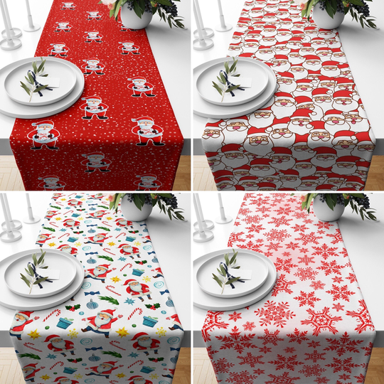 Santa Claus Table Runner, Red Christmas Snowflake Kitchen Textile, Linens, Xmas Present, Holiday Gift For Mother