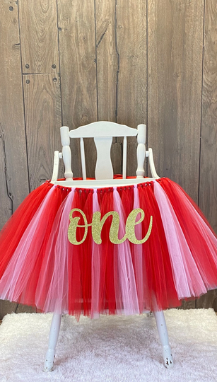 High Chair Tutu, Girls First Birthday Banner, Valentines Day 1st Birthday, Red & Pink Tulle Tutu Skirt For Smash Cake Party