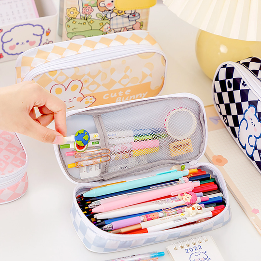 Kawaii Checkerboard Pencil Case, Large-Capacity Student Cute Cartoon Stationery Bag, Zip Pouch, School Supplies