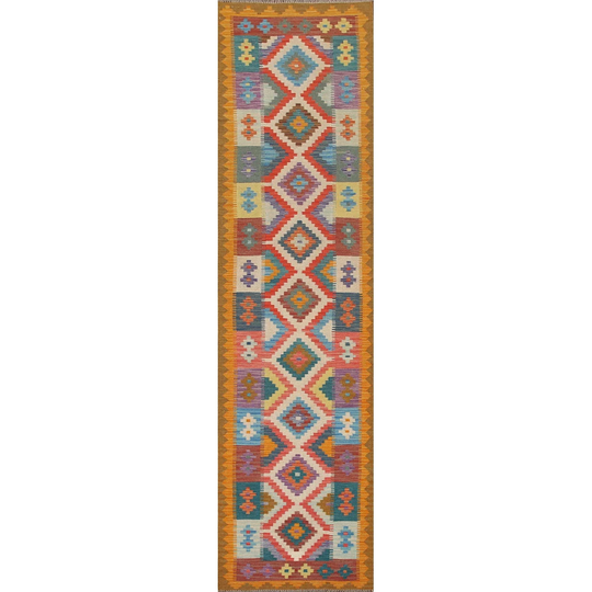 Southwestern Multi-Color Kilim Runner Rug Flatweave Wool Carpet - 2'7"x12'8"