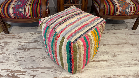 Colorful Rainbow Modern Contemporary Handmade Kilim Rug Pouf Chair Foot Stool Square Table Natural Pure Cotton 18x18 Inches
