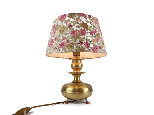 Antique Brass Table Lamp With Pink Flowers Shade, Vintage Lamp, Night