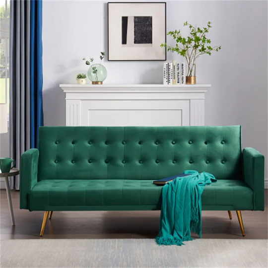 Variable Bed Velvet Futon Sofa With Golden Legs and Polka Dot Patten - 76*38*30