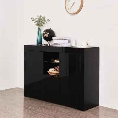 Kitchen Sideboard Cupboard With LED Light, Black High Gloss Dining Room Buffet Storage Cabinet Hallway Living Room TV Stand Unit Display Cabinet With