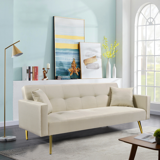 Off White Convertible Fabric Folding Futon Sofa Bed, Sleeper Sofa Couch