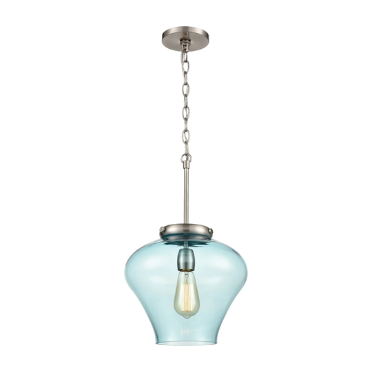 Amore 1-Light Pendant in Satin Nickel with Light Blue Glass