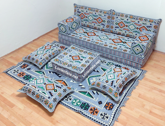8'' Thickness Gray Orange Floor Sofa Oriental Sofa Ottoman Couch Arabic Majlis Rug Middle East Home Decor Moroccan Bohemian Furniture