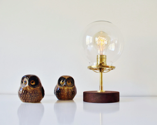 Globe Table Lamp, Industrial Brass & Wood Desk Round Clear Glass Orb Shade, Modern Bootsngus Lighting & Home Decor
