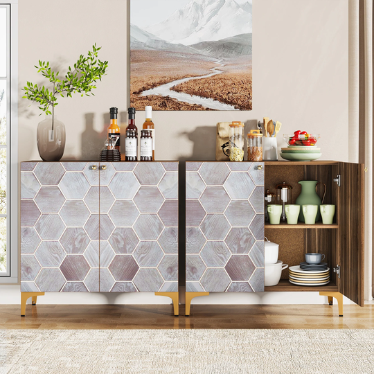 63 Inches Buffet Sideboard Storage Cabinet, Modern Hexagon Colorful Pattern Display Cabinet