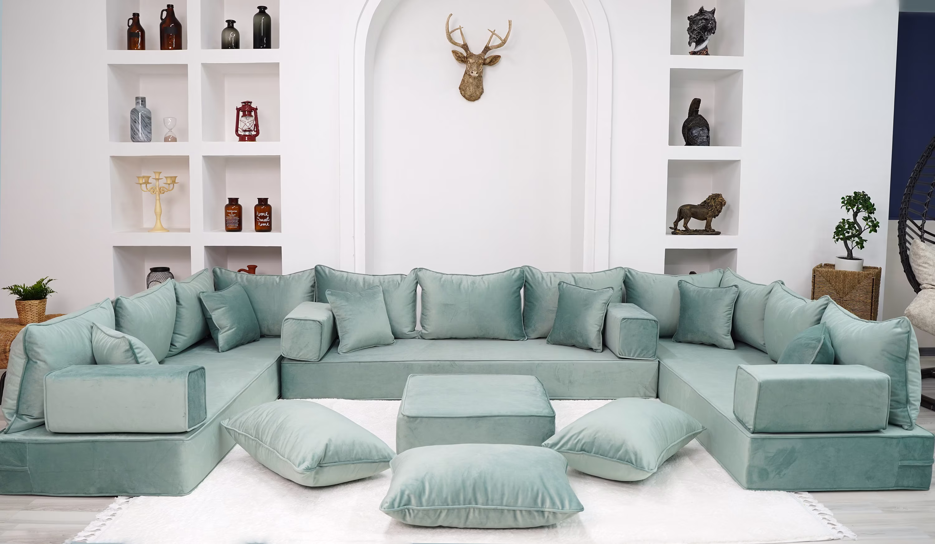 8" Thickness Velvet U Shaped Floor Seating Sofas, Water Green Luxury Velvet Sofa, Moroccan Livingroom Sofa Set, Arabic Couch
