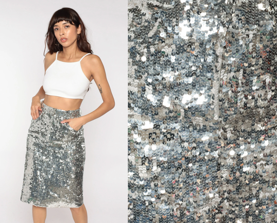 70S Sequin Skirt Silver Pencil Disco Party High Waisted Wiggle Midi Retro Vintage Cocktail 80S Small S