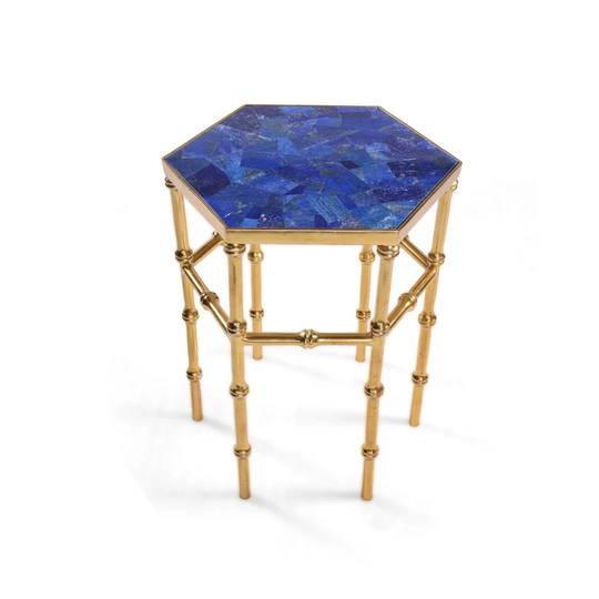 Lapis Lazuli Hexagonal Accent Side Table With Polished Bamboo Brass Metal Base