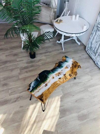 Live Edge Coffee Table, Epoxy Resin Handmade Ocean Custom Table