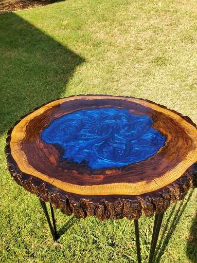 Coffee Table Bistro Blue "Wishing Well" On Rustic Black Walnut Slab