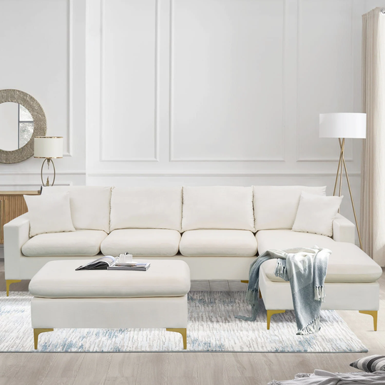 Sectional Sofa L-Shape Elegant Velvet Couch with 2 Pillows and Ottoman