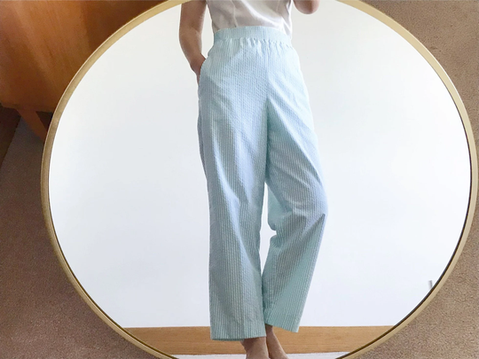 Vintage Pants Slacks Trousers Minimalist High Waist Striped White Green Capsule Wardrobe Pencil Straight Size L