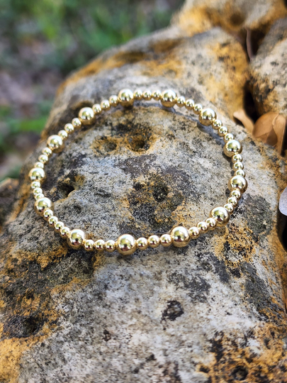 Gold Filled 3mm & 5 Alternating Beads, Layering Bracelet, Isabella Celini, 14K Filled, Stretch Stacking Boho Chic