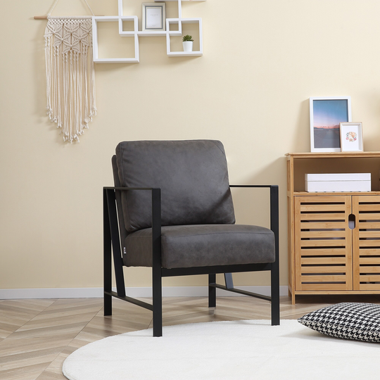HOMCOM Industrial Accent Chairs with Cushioned Seat and Back, Upholstered Faux Leather Armchair for Bedroom, Living Room Chair