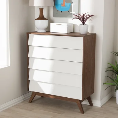 Blinda Mid-Century Modern White And Walnut Wood 5-Drawer Storage Chest