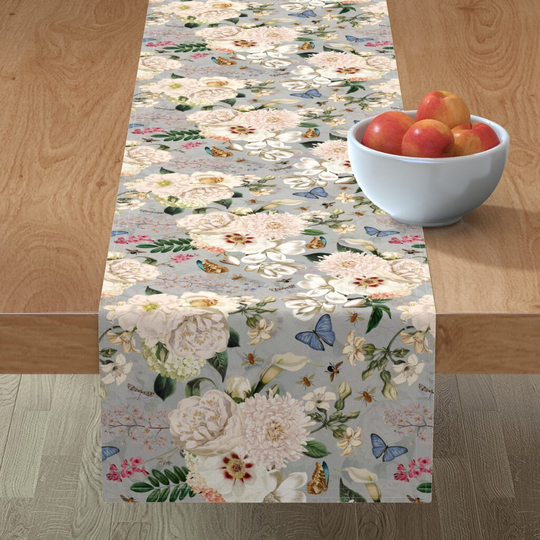 English Botanical Table Runner - Vintage Floral By Utart Country Roses Butterflies Exotic Cotton Sateen Spoonflower