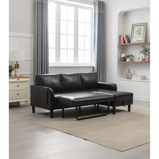 Modern PU Leather Sectional Sofa, Recliner Sleeper Sofa with Storage Convertible Chaise Sofa Bed, Lounge Couch for Living Room