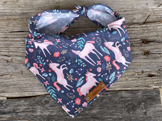 Dog Bandanas, Pink Blue Unicorns Bandana Traditional Tie, Personalized Leather Name Tag Over Collar, Pet Accessories
